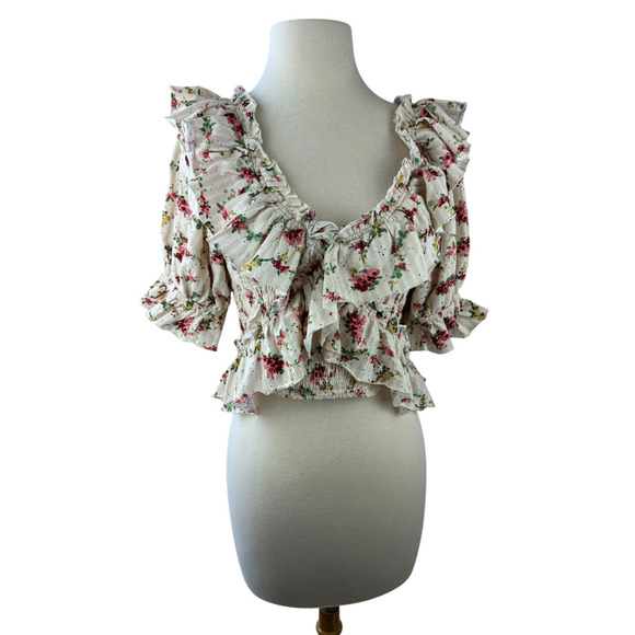 Free People Favorite Girl Top Romantic Floral Ruffle Smocked Boho Cottagecore Sm - Picture 2 of 16
